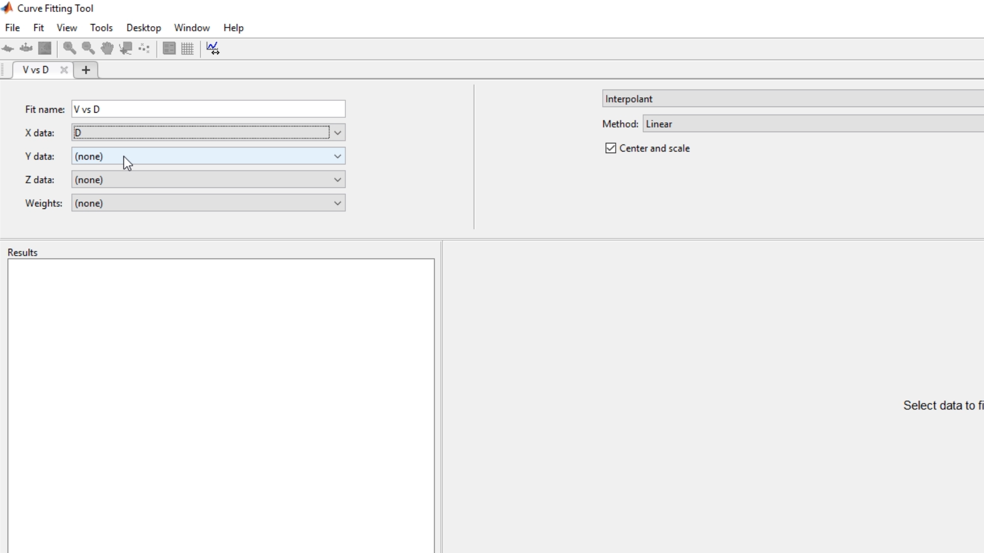 Seleccionar los valore para los ejes X y Y, en nuestro caso D y V