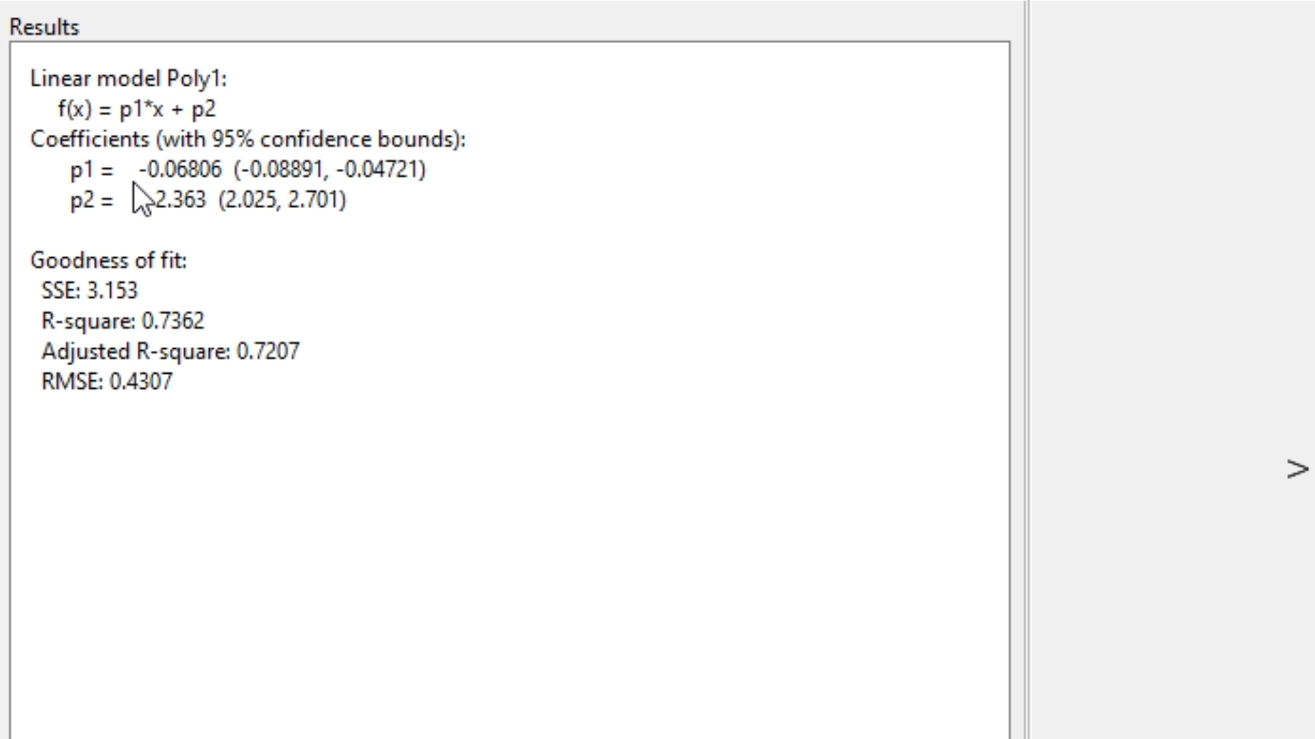 Coeficientes de la ecuación lineal presentada en el toolbox de Curve Fitting
